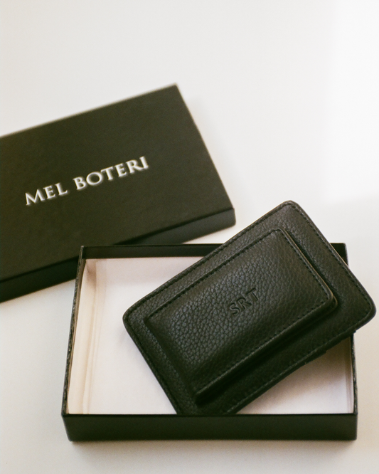 Premium Corporate Gifts | slim front pocket wallet with money clip | Mel Boteri Fashion Group | Money Clip Leather Wallet | Black Money Clip
